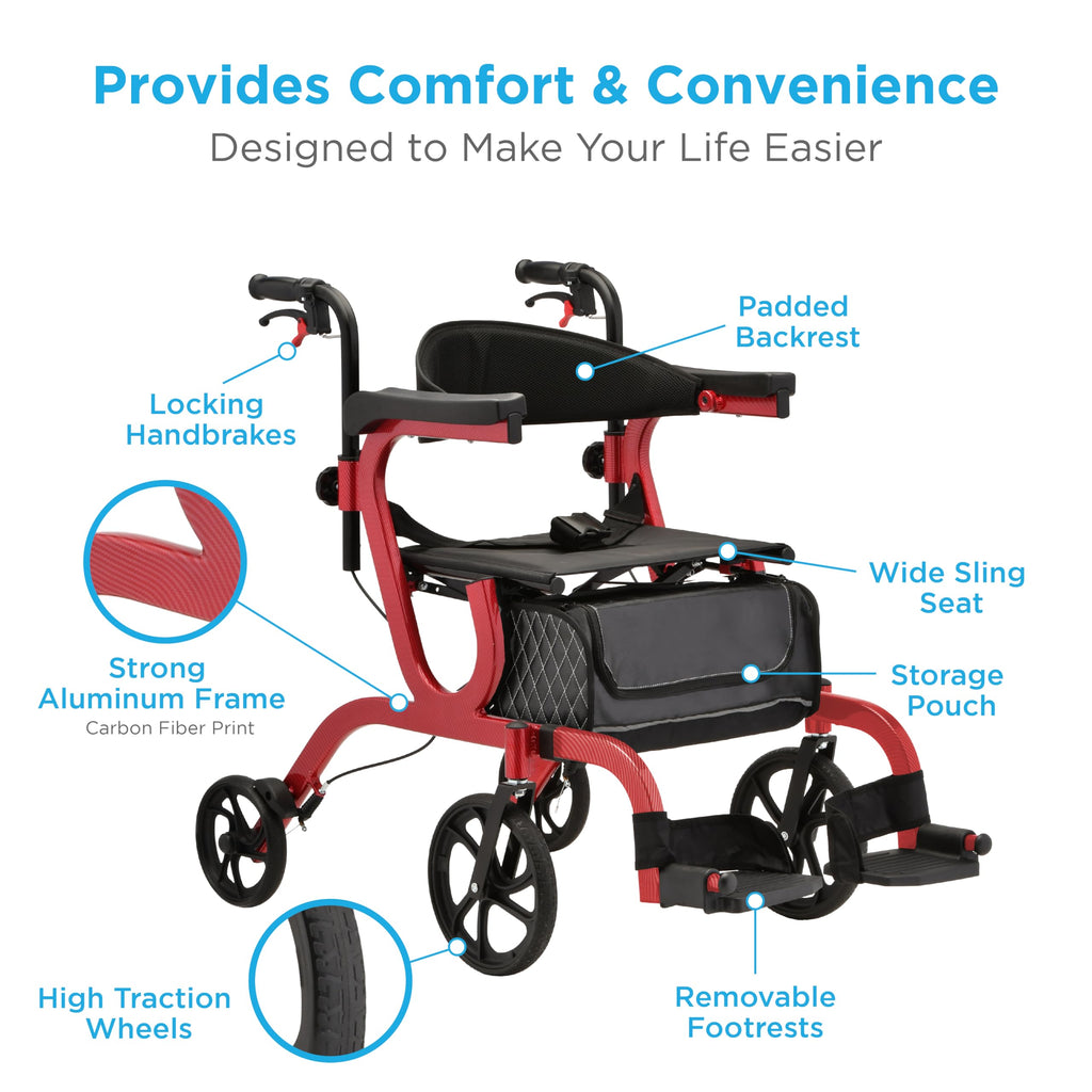2-in-1 Folding Rollator Walker & Transport Chair with 10” Front Wheels X4834