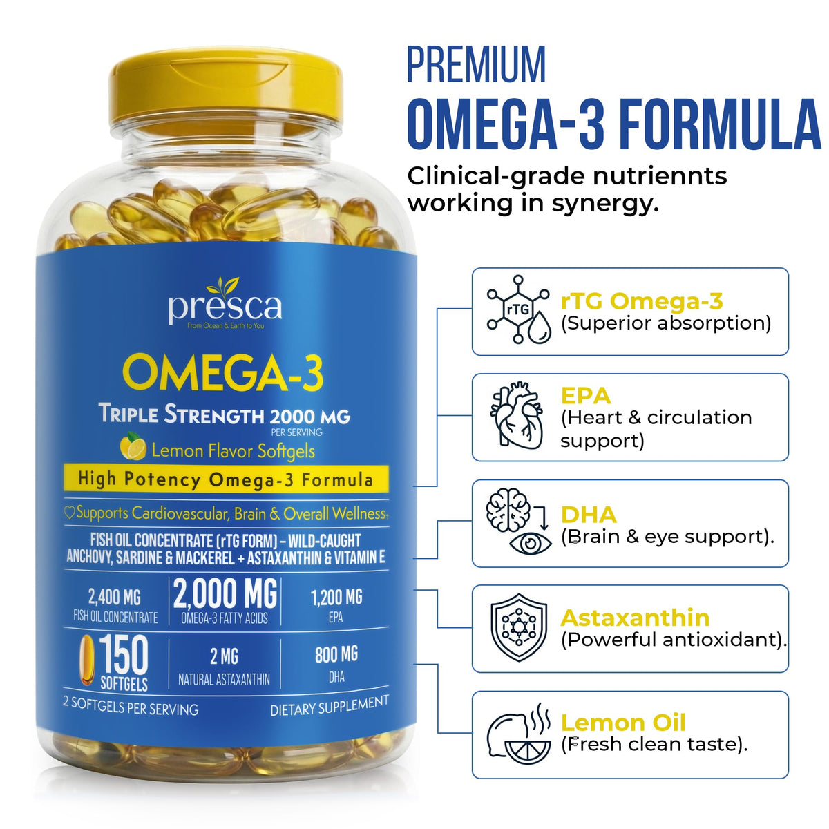 Omega 3 Fish Oil 2400mg 150 Softgels H981