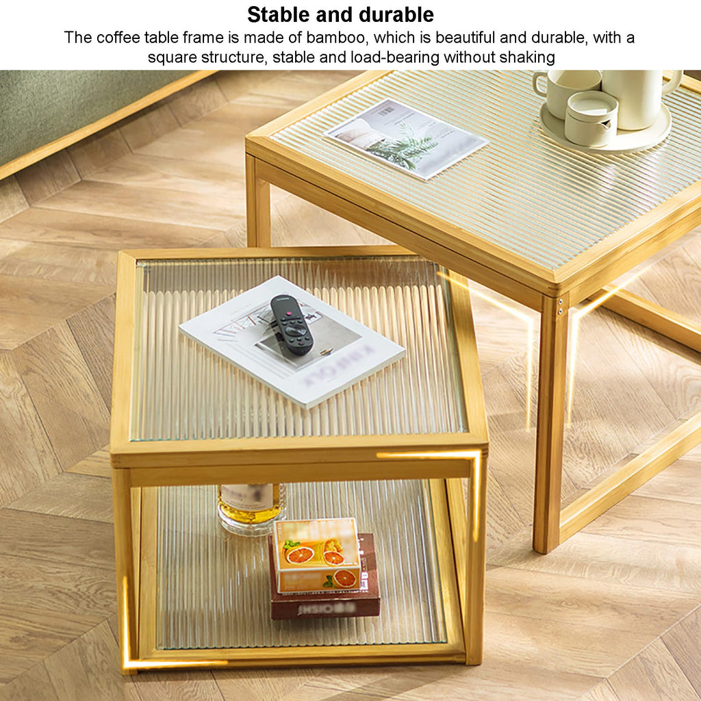 Square Glass Nesting Coffee Tables Set of 2 with Bamboo Frame J665417