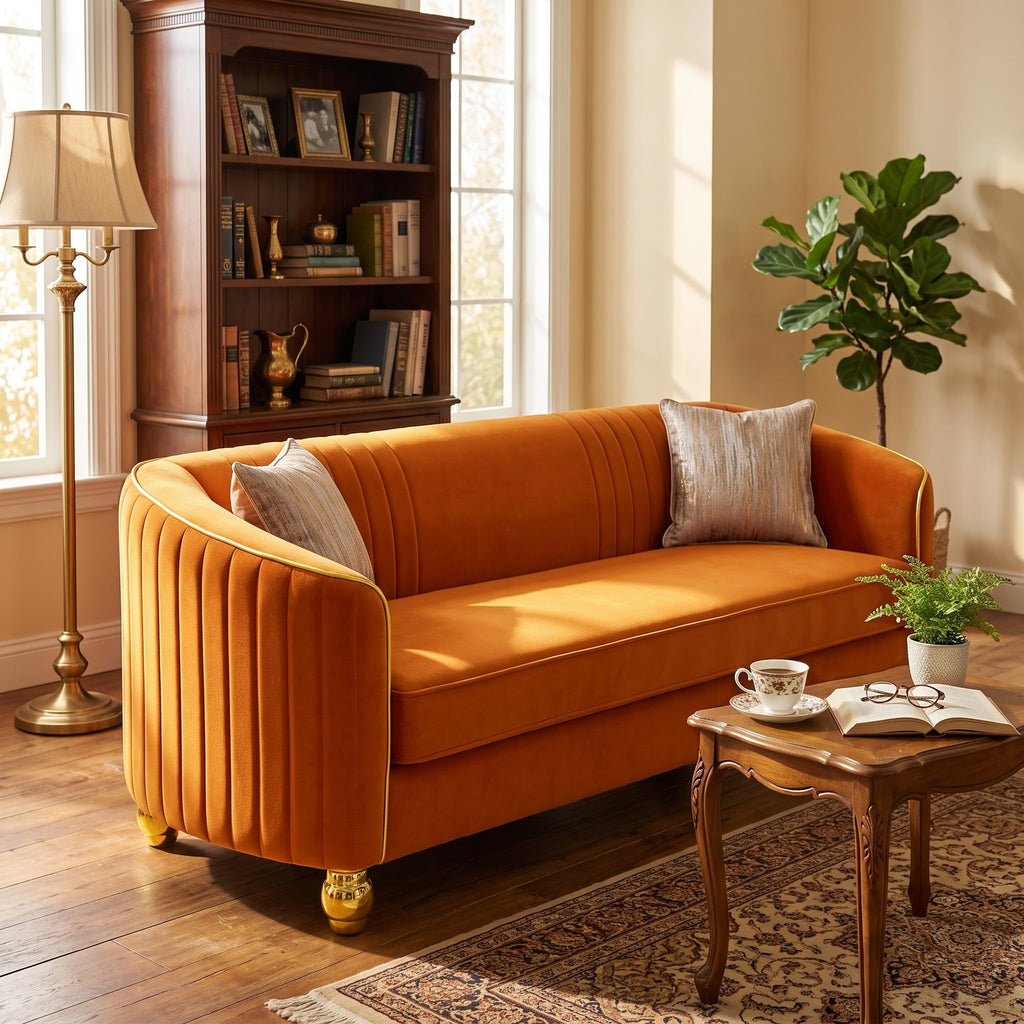 Velvet Modern Sofa Couch 3-Seater Deep Seat Sofa, Orange K5035