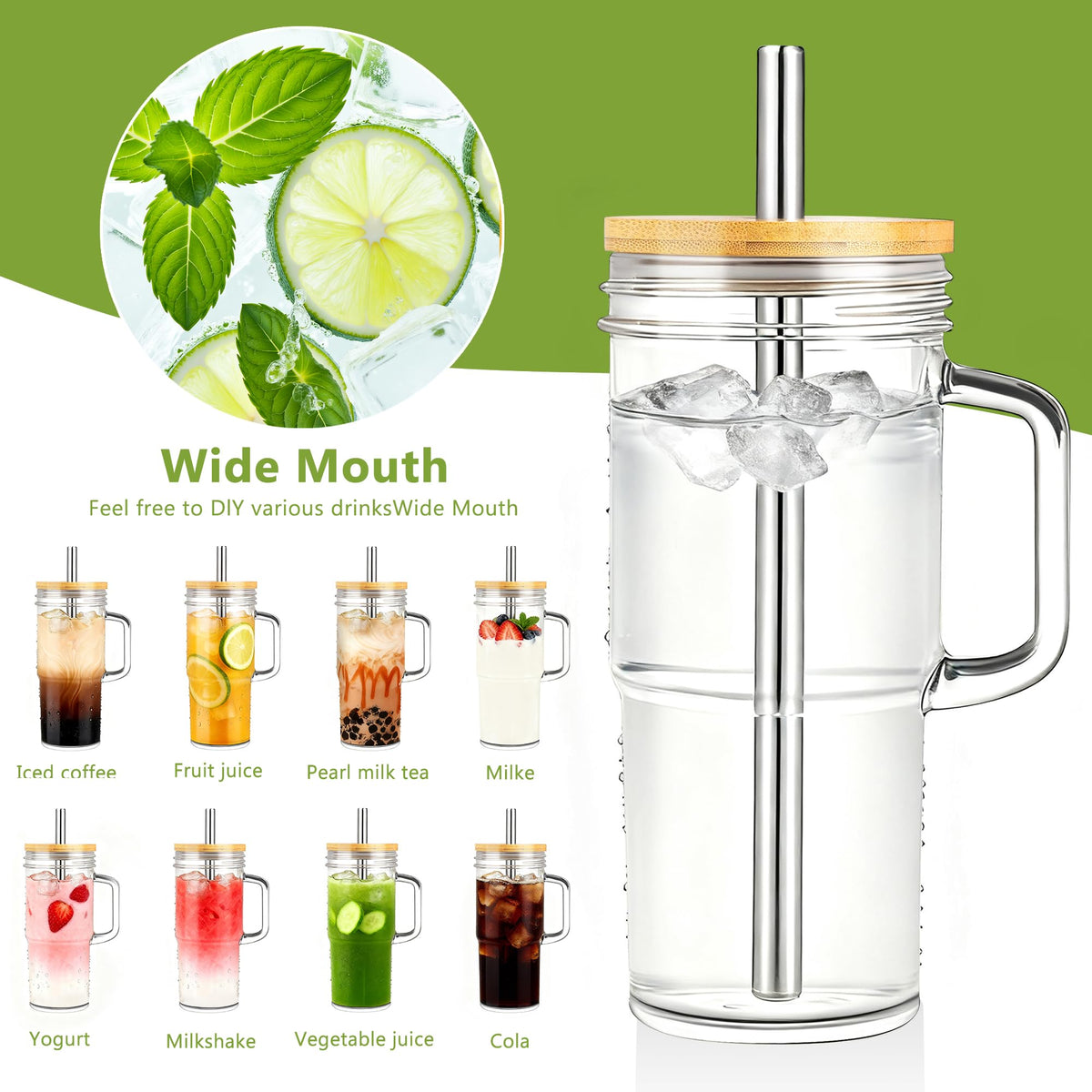 24oz Glass Tumbler with Lid & Straw 2-Pack I196