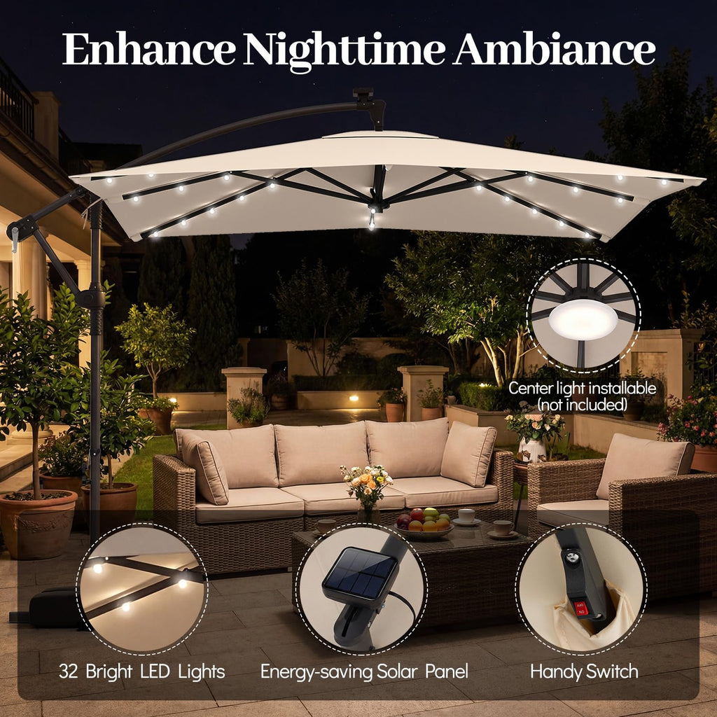 8x8 FT Solar Square Offset Cantilever Umbrella with Base V386