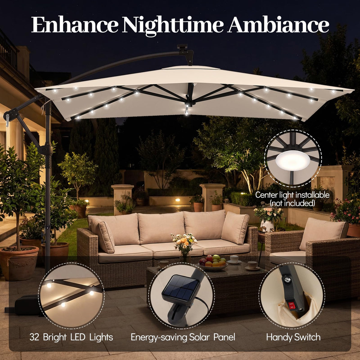 8x8 FT Solar Square Offset Cantilever Umbrella with Base V386