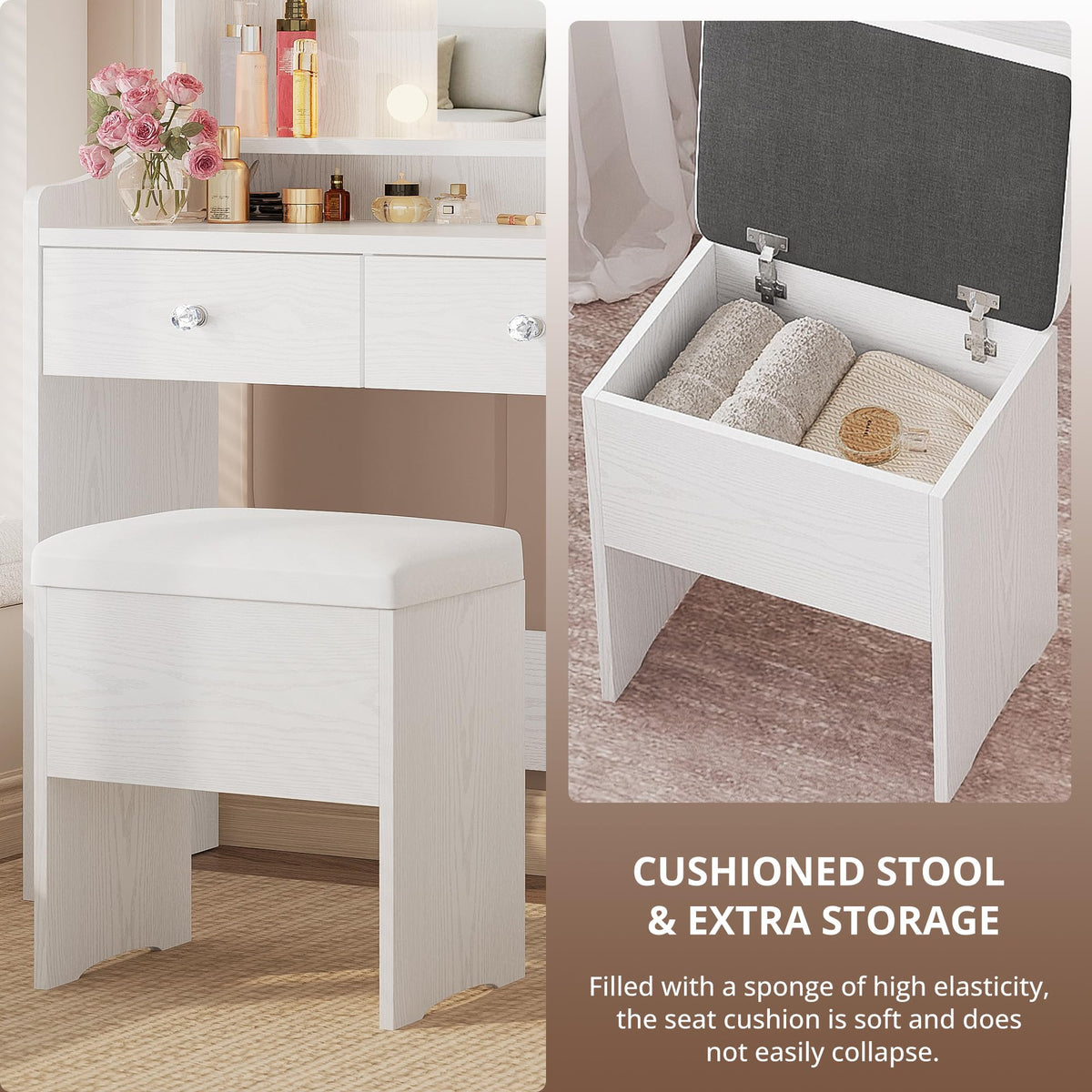 White Vanity Desk with Mirror Lights and Storage Stool U988