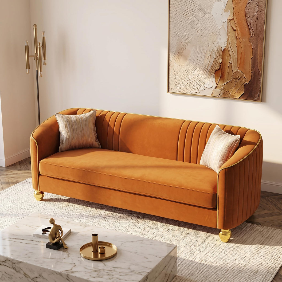 Velvet Modern Sofa Couch 3-Seater Deep Seat Sofa, Orange K5035