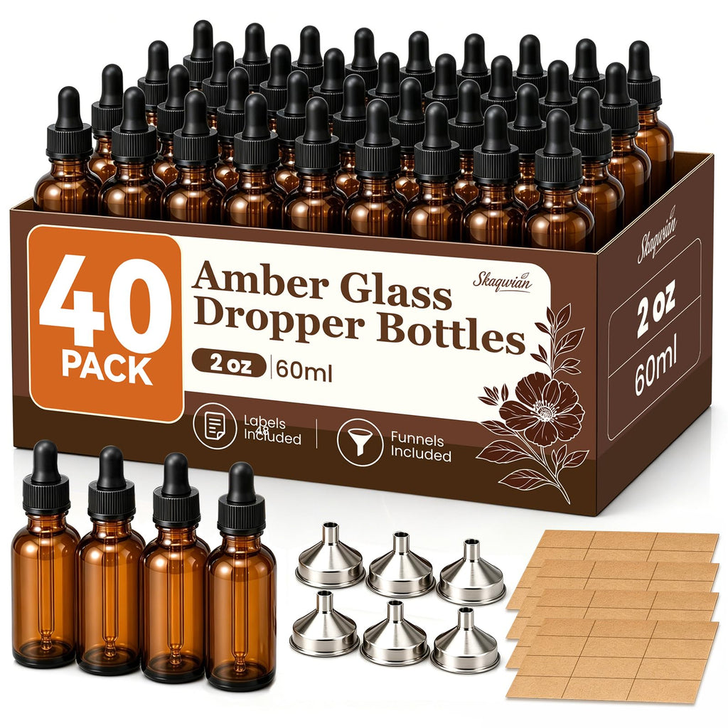 2 oz Amber Glass Dropper Bottles with Funnels, 40 Pack L803136