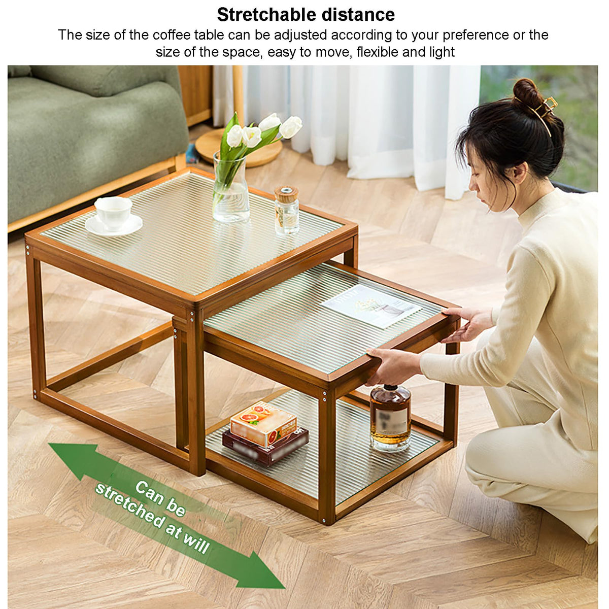 Square Glass Nesting Coffee Tables Set of 2 with Bamboo Frame J665417