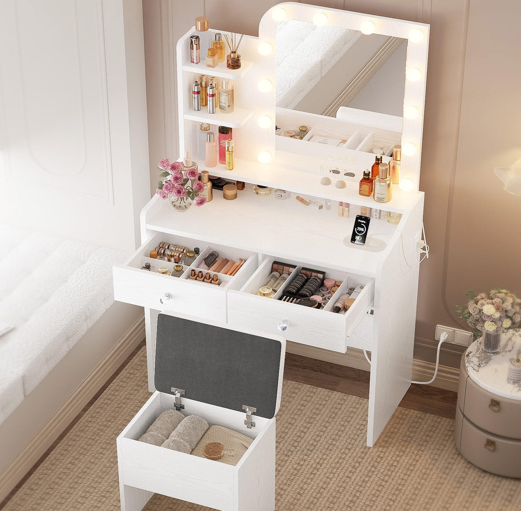 White Vanity Desk with Mirror Lights and Storage Stool U988