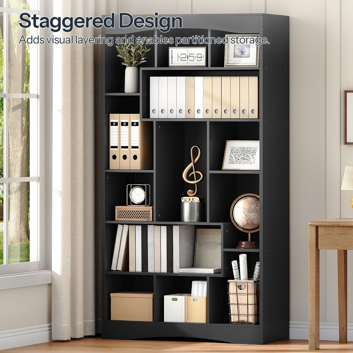 6-Tier Black Bookshelf with Open Shelves O40166