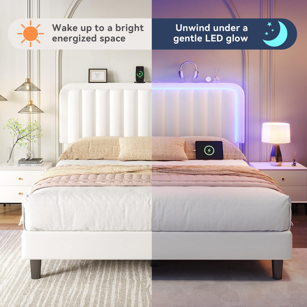 White Velvet Upholstered Full Size Platform Bed Frame with Charging Station S1394