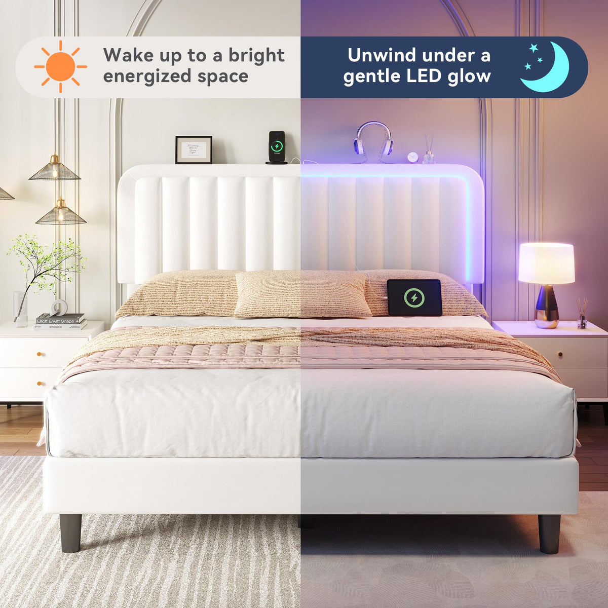 White Velvet Upholstered Full Size Platform Bed Frame with Charging Station S1394