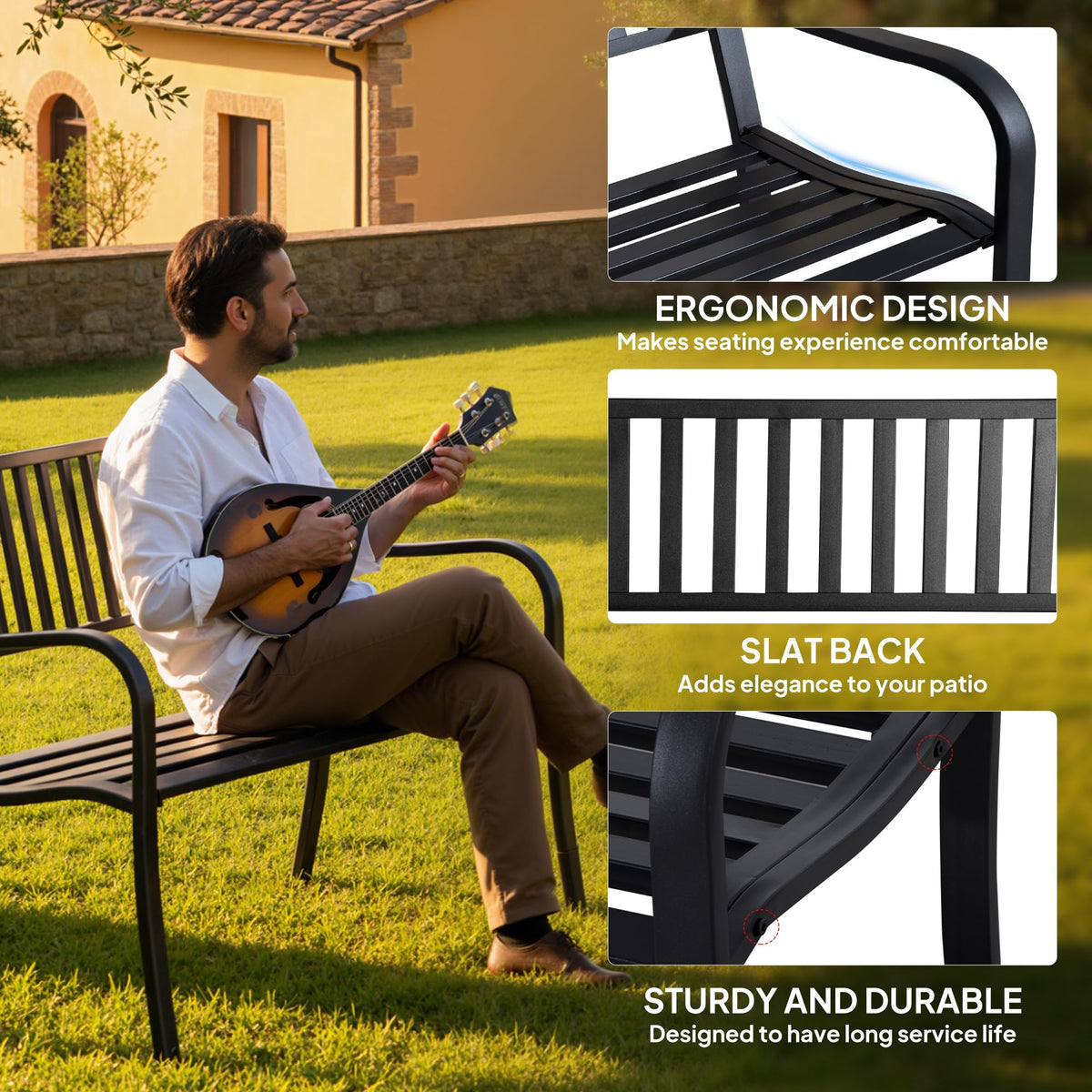 50" Outdoor Garden Bench with Slatted Seat Metal Black D834