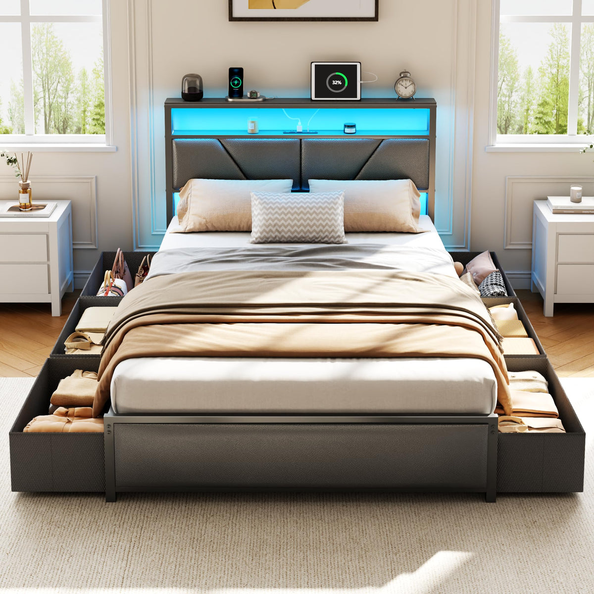 Full Size Bed Frame with Storage Headboard F678224