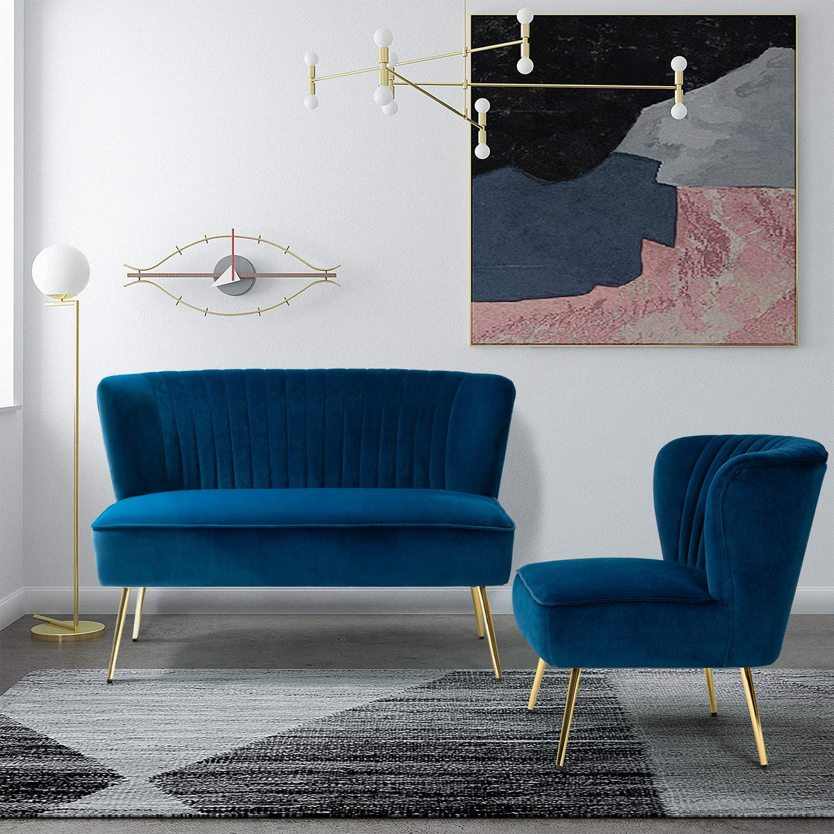 Navy Velvet Tufted Loveseat Sofa H5171