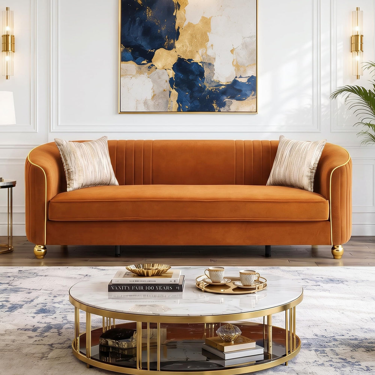 Velvet Modern Sofa Couch 3-Seater Deep Seat Sofa, Orange K5035