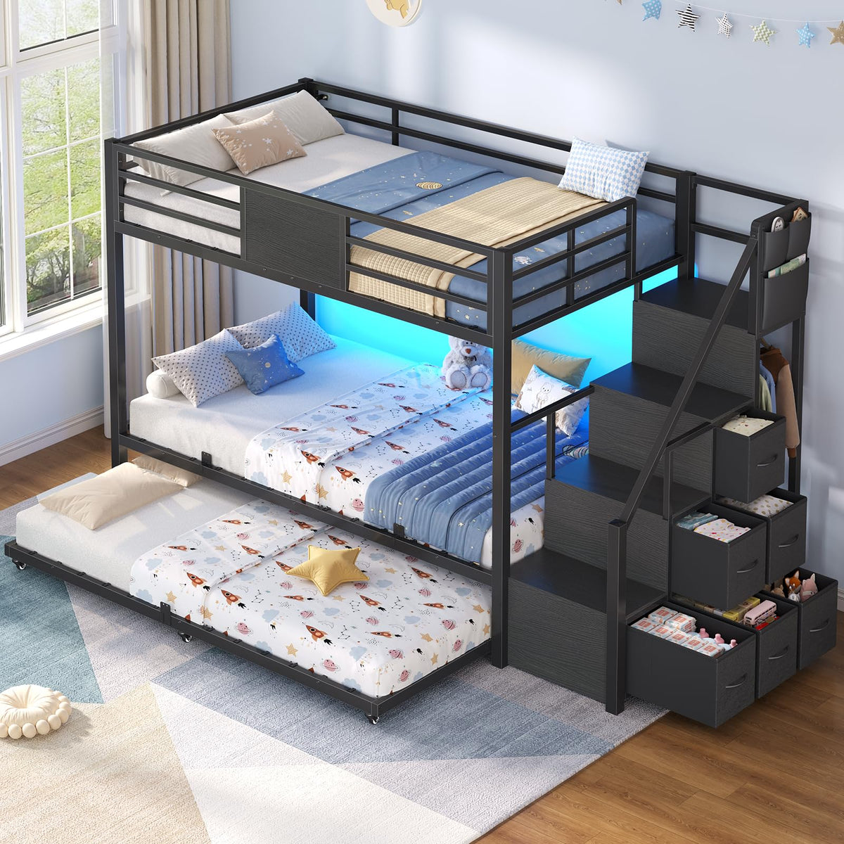Twin Over Twin Bunk Bed with Trundle, Stairs, 6 Drawers, LED Lights D2755