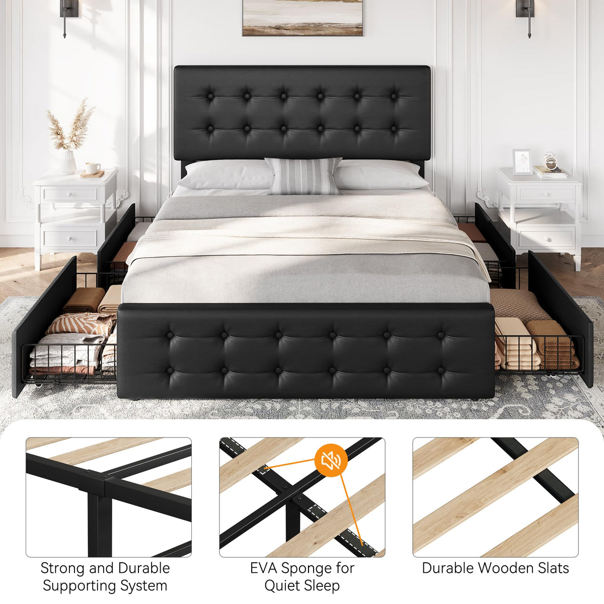 Full Size Bed Frame with 4 Storage Drawers and Headboard, Black T5763