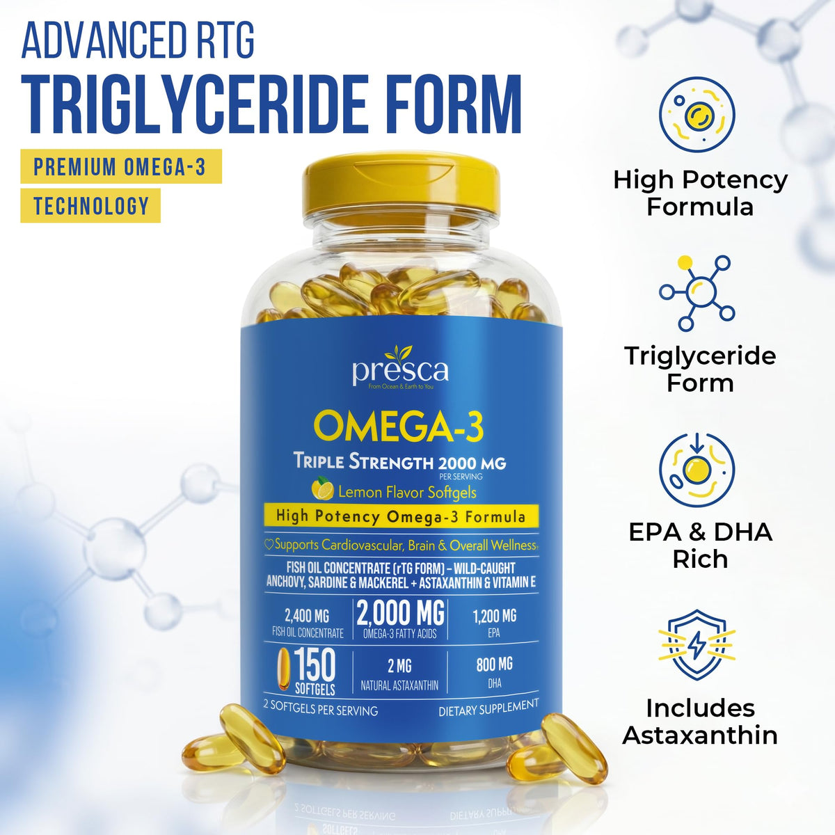 Omega 3 Fish Oil 2400mg 150 Softgels H981