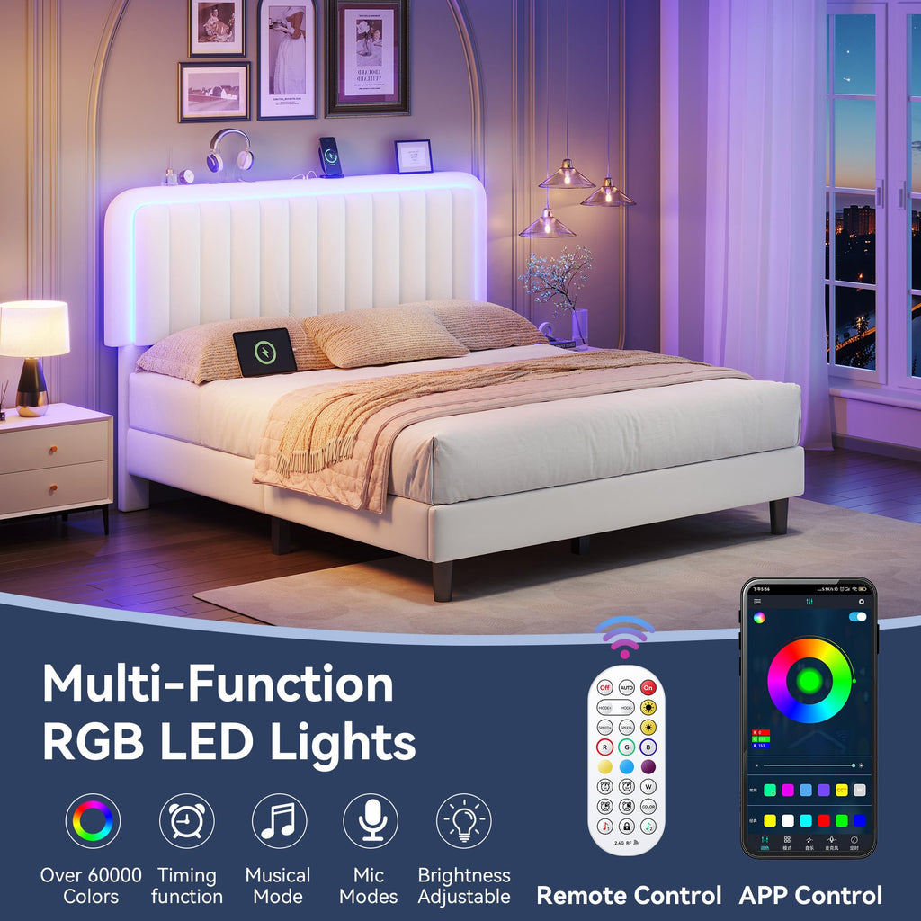 White Velvet Upholstered Full Size Platform Bed Frame with Charging Station S1394