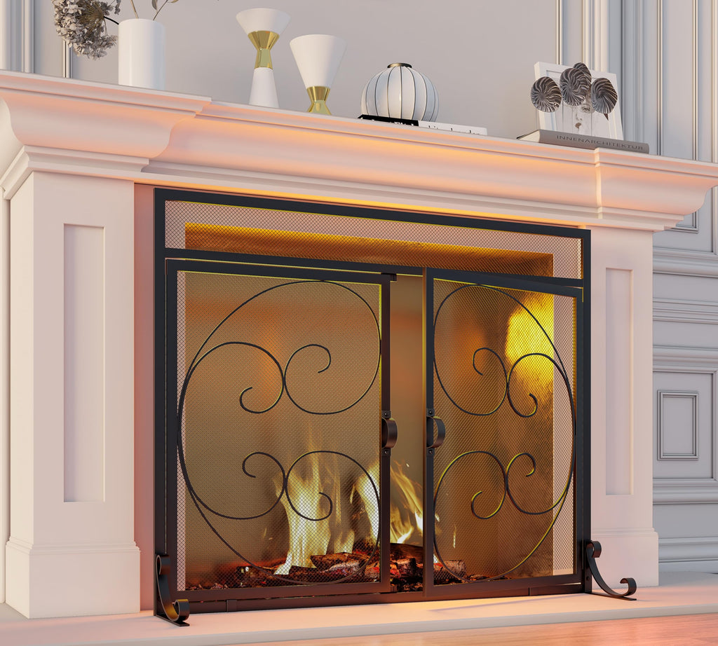 Wrought Iron Fireplace Screen with Magnetic Double Doors Black S929279