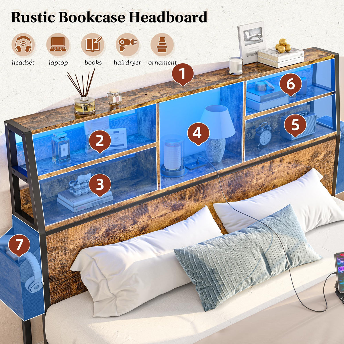Queen Bed Frame with Storage Headboard and 2 Drawers Q1359