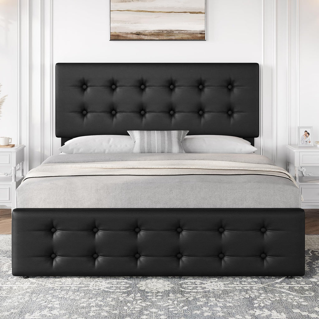 Full Size Bed Frame with 4 Storage Drawers and Headboard, Black T5763