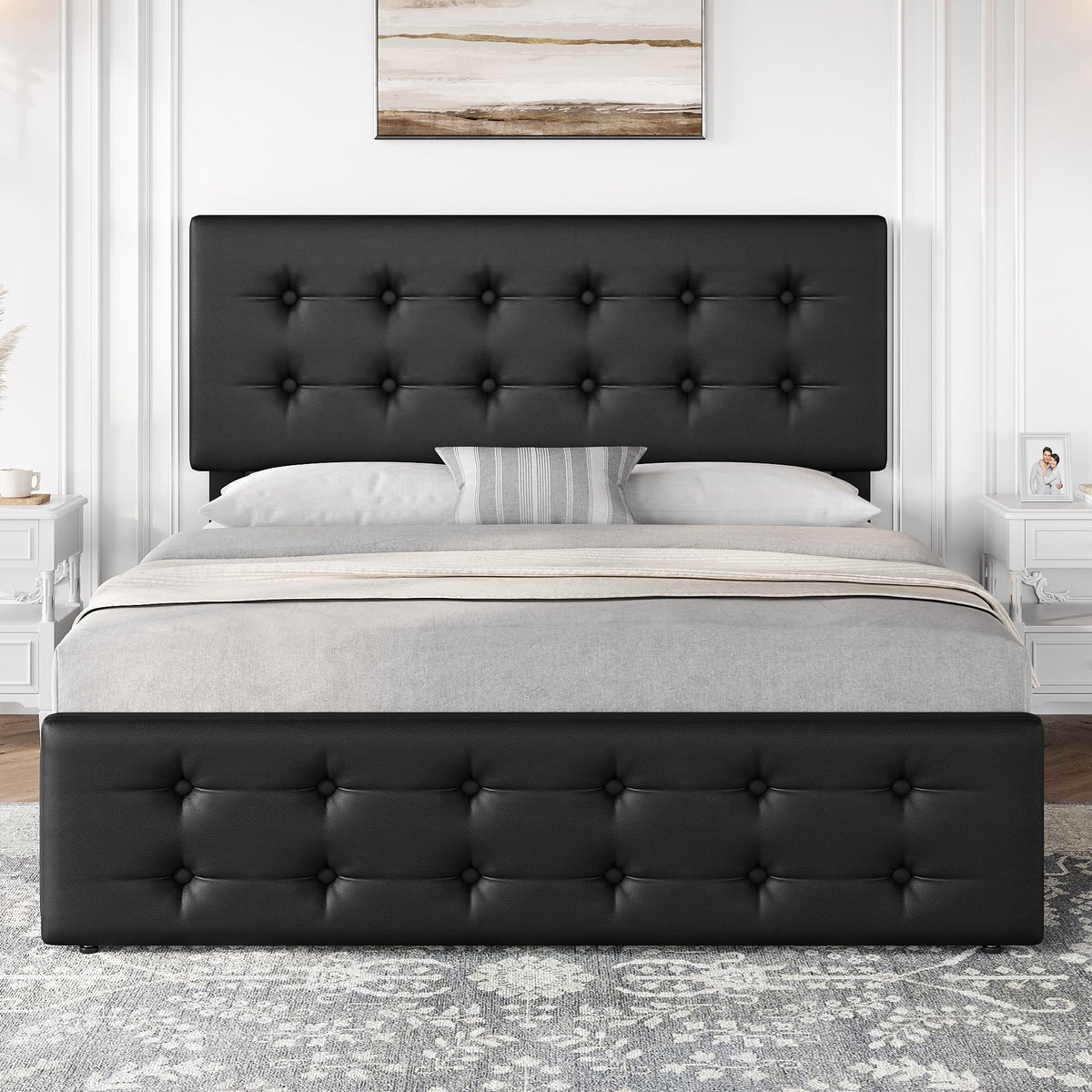 Full Size Bed Frame with 4 Storage Drawers and Headboard, Black T5763