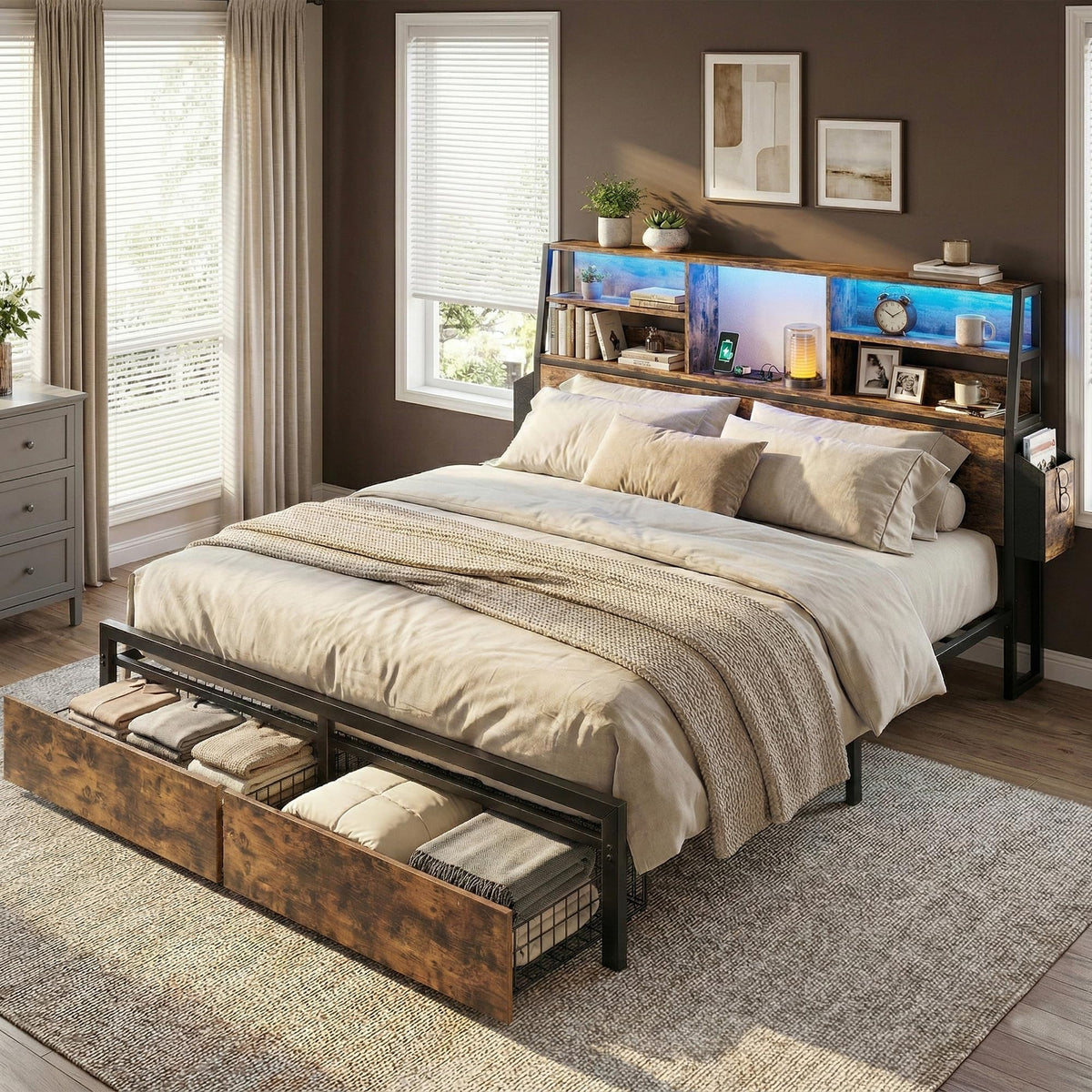 Queen Bed Frame with Storage Headboard and 2 Drawers Q1359