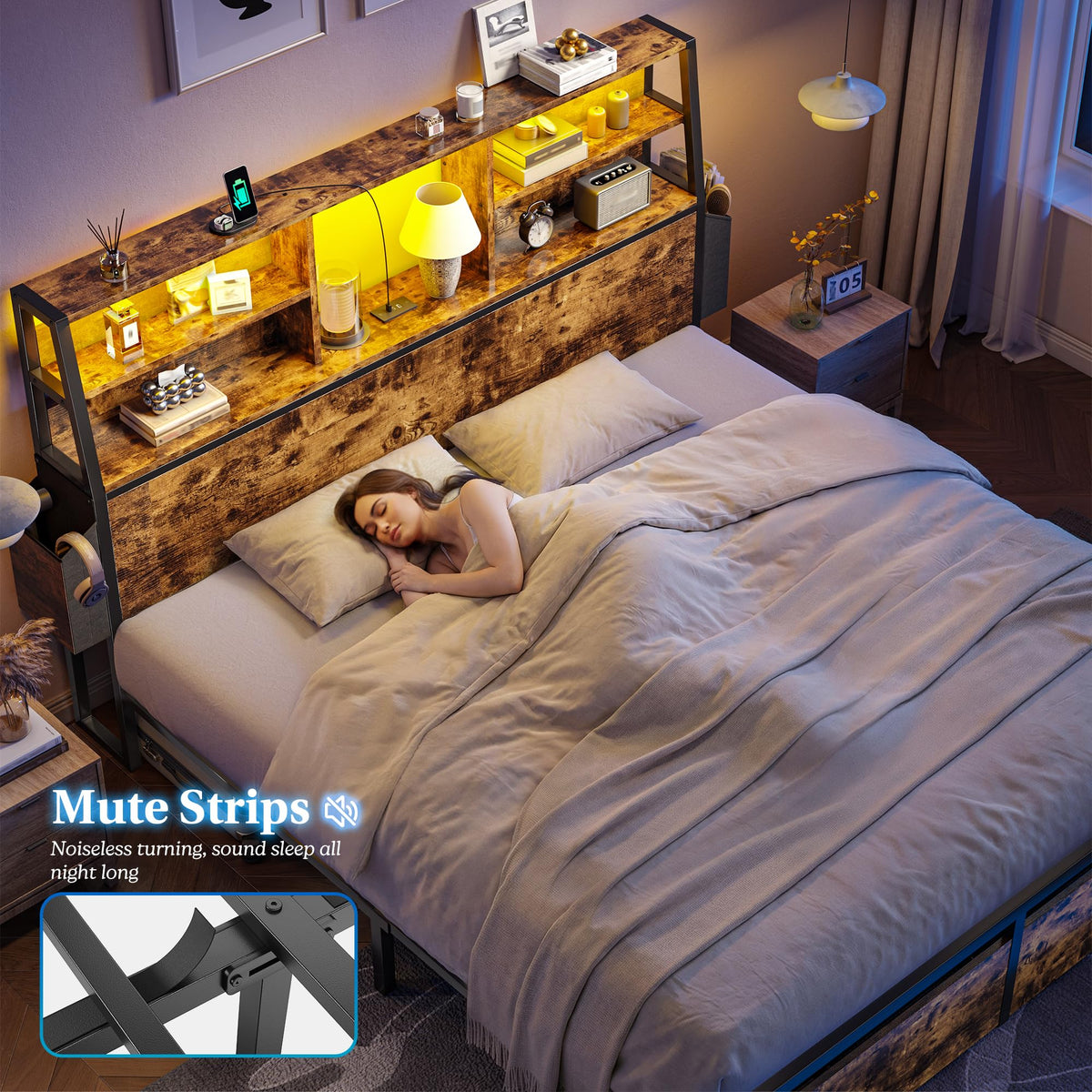 Queen Bed Frame with Storage Headboard and 2 Drawers Q1359
