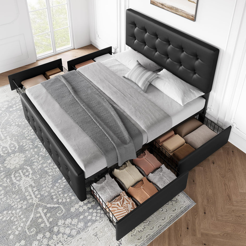 Full Size Bed Frame with 4 Storage Drawers and Headboard, Black T5763