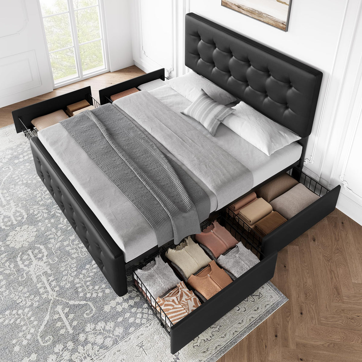 Full Size Bed Frame with 4 Storage Drawers and Headboard, Black T5763