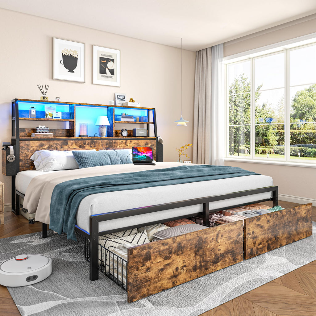 Queen Bed Frame with Storage Headboard and 2 Drawers Q1359