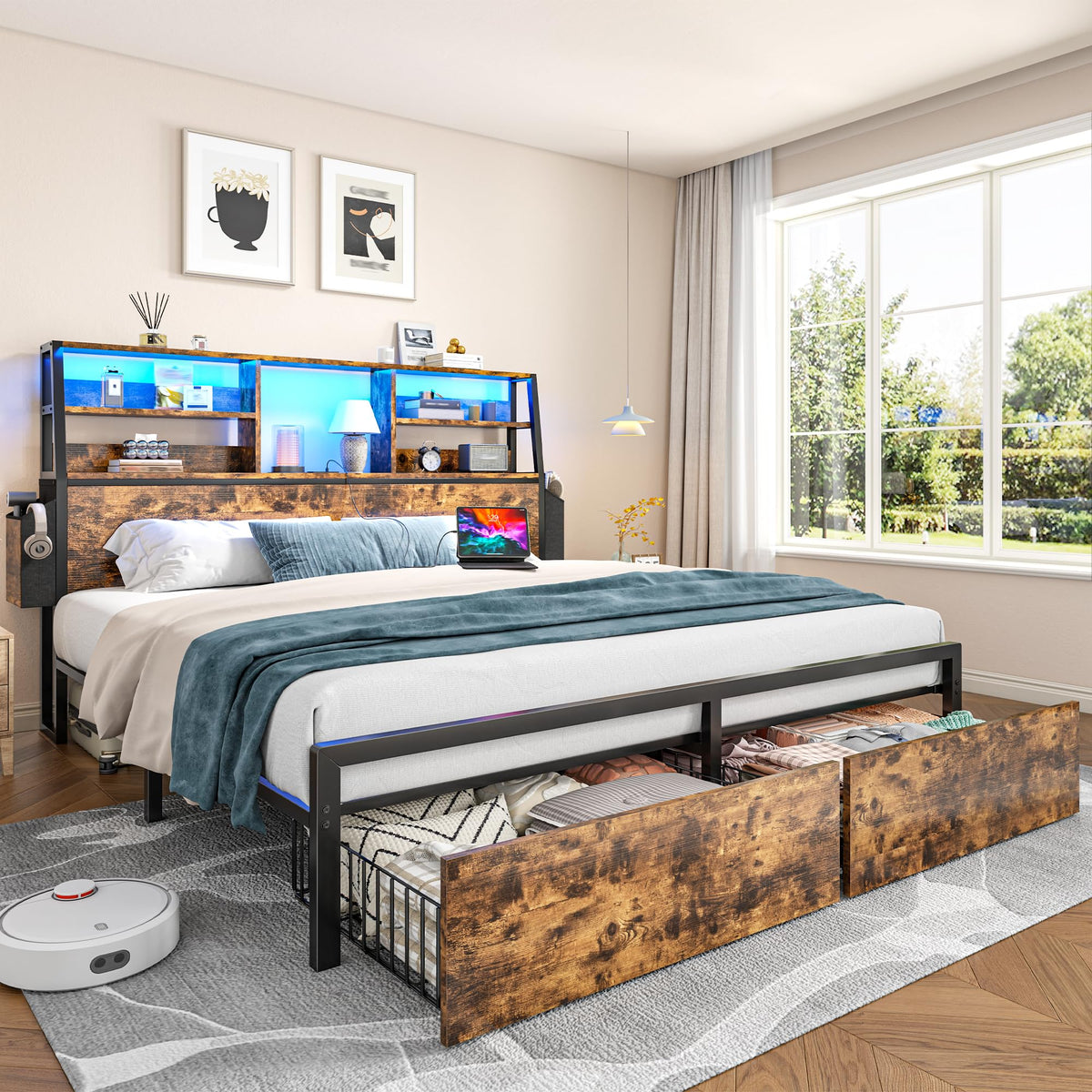 Queen Bed Frame with Storage Headboard and 2 Drawers Q1359