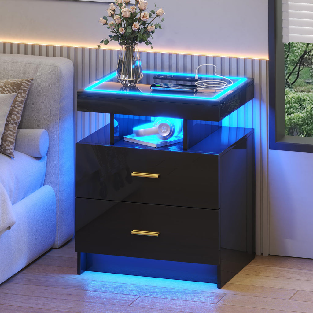 Black LED Nightstand with Wireless Charging Station P208