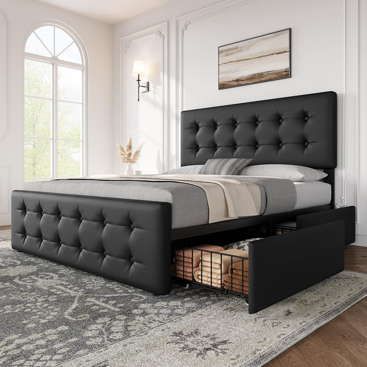 Full Size Bed Frame with 4 Storage Drawers and Headboard, Black T5763