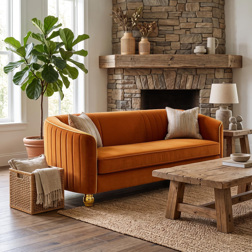 Velvet Modern Sofa Couch 3-Seater Deep Seat Sofa, Orange K5035