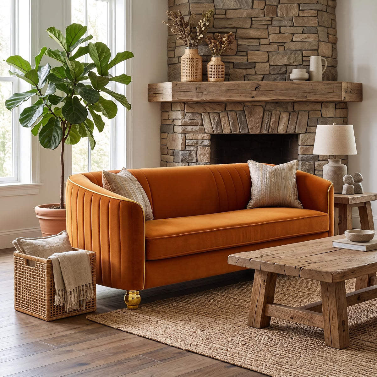 Velvet Modern Sofa Couch 3-Seater Deep Seat Sofa, Orange K5035