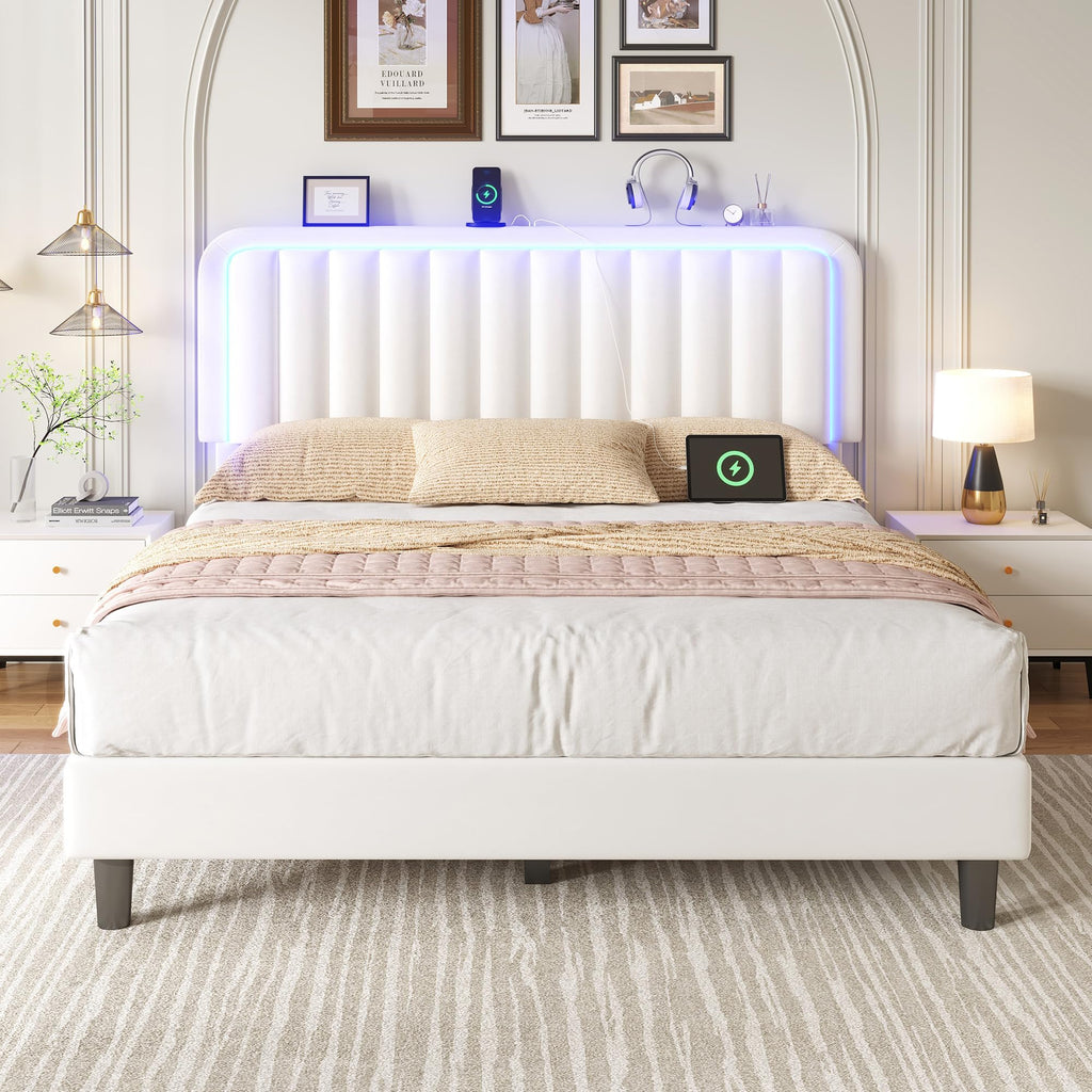 White Velvet Upholstered Full Size Platform Bed Frame with Charging Station S1394