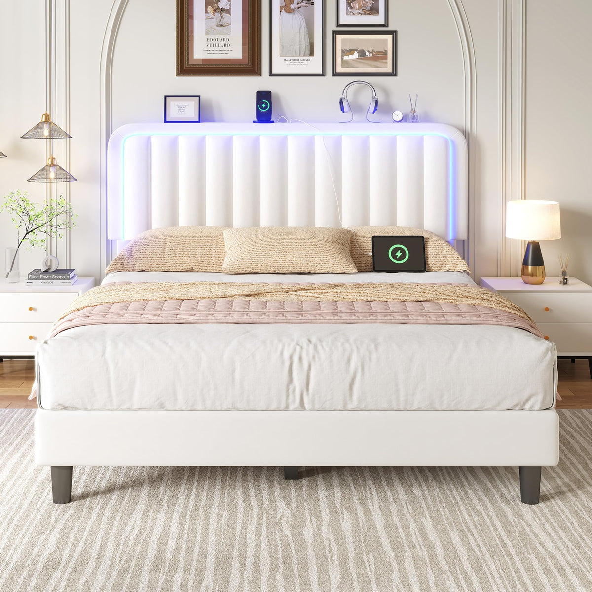 White Velvet Upholstered Full Size Platform Bed Frame with Charging Station S1394