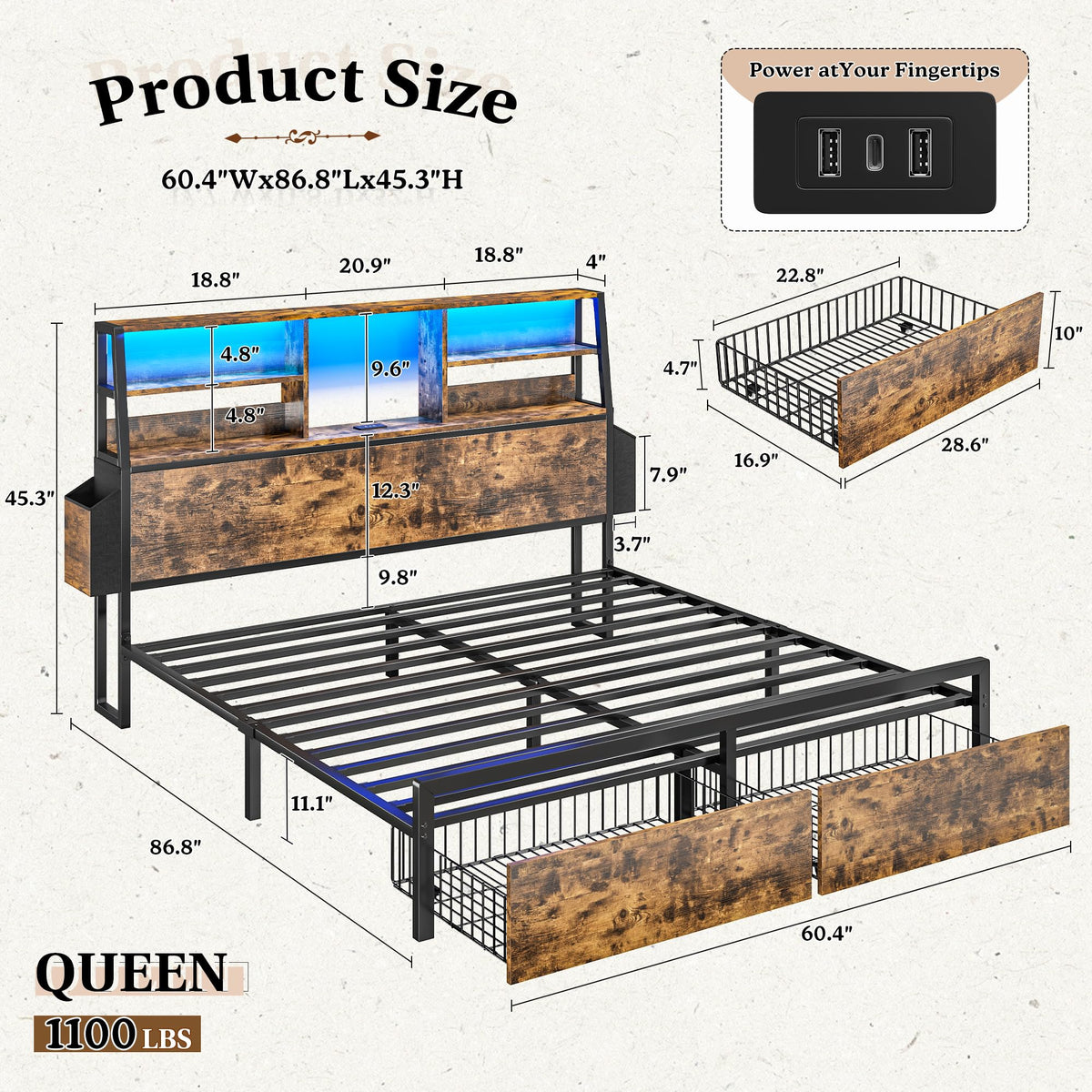 Queen Bed Frame with Storage Headboard and 2 Drawers Q1359
