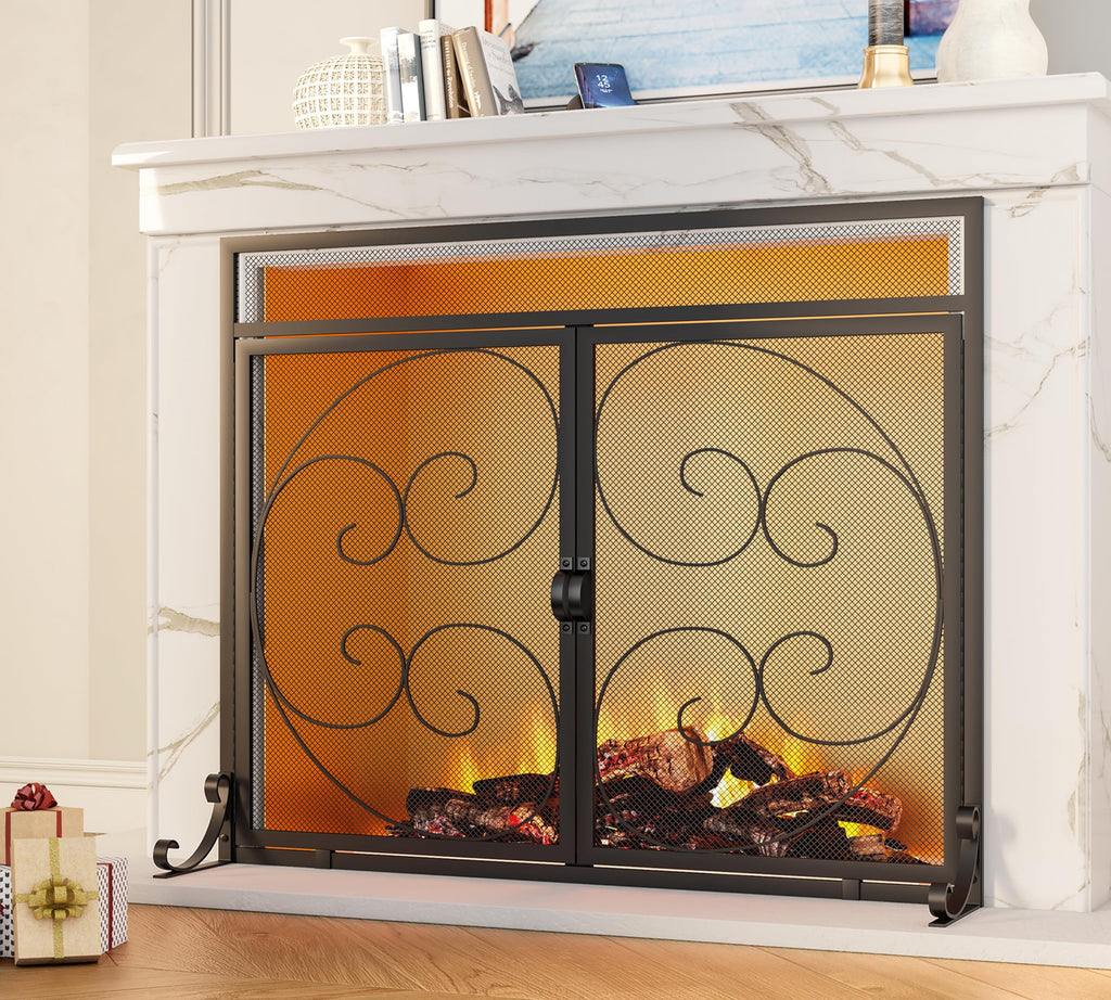 Wrought Iron Fireplace Screen with Magnetic Double Doors Black S929279