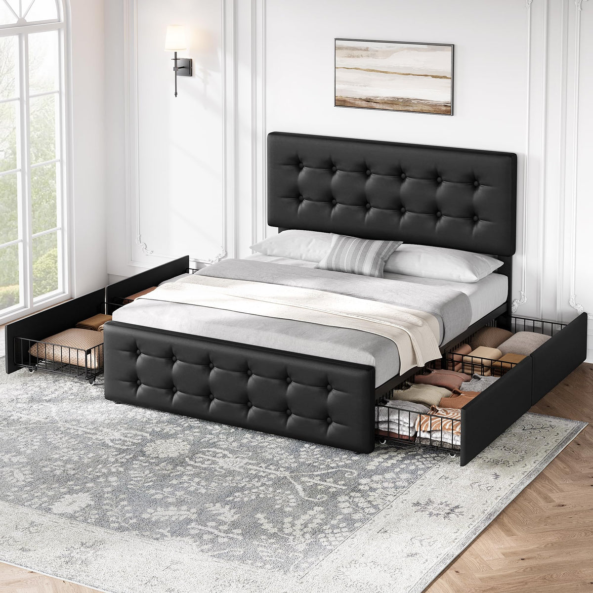 Full Size Bed Frame with 4 Storage Drawers and Headboard, Black T5763