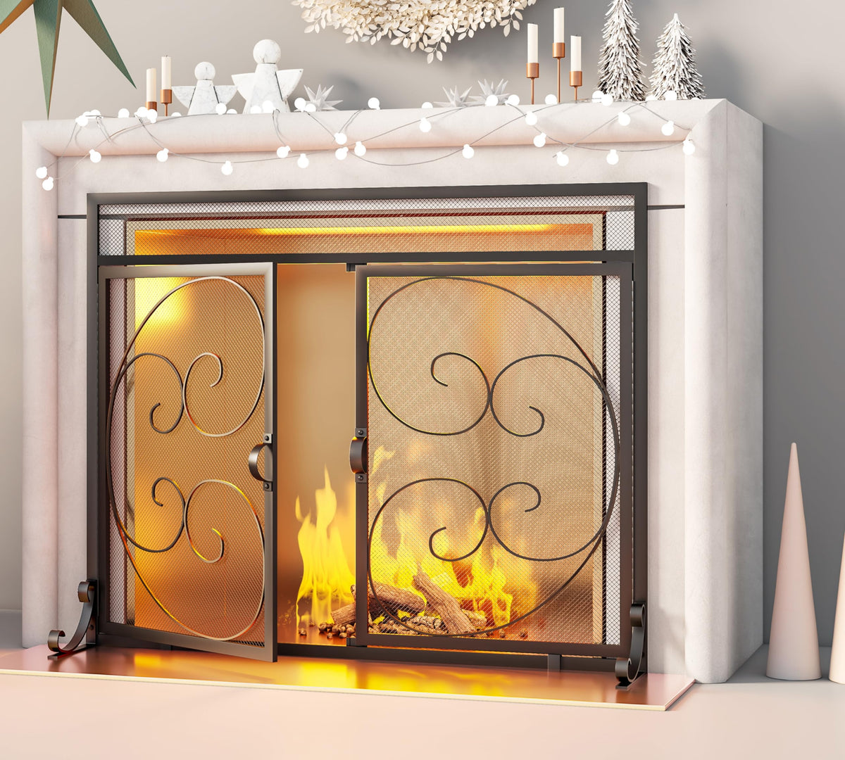 Wrought Iron Fireplace Screen with Magnetic Double Doors Black S929279
