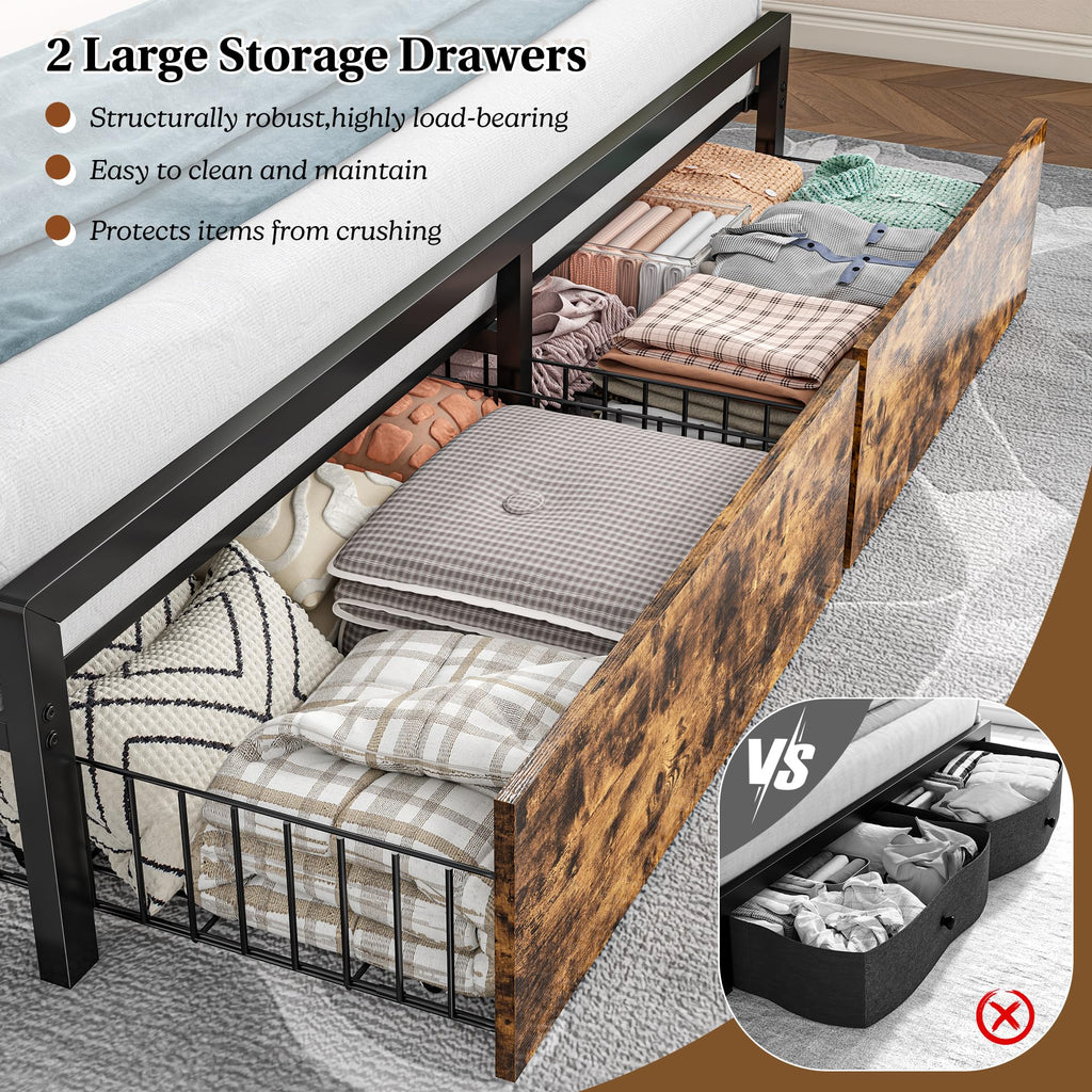Queen Bed Frame with Storage Headboard and 2 Drawers Q1359