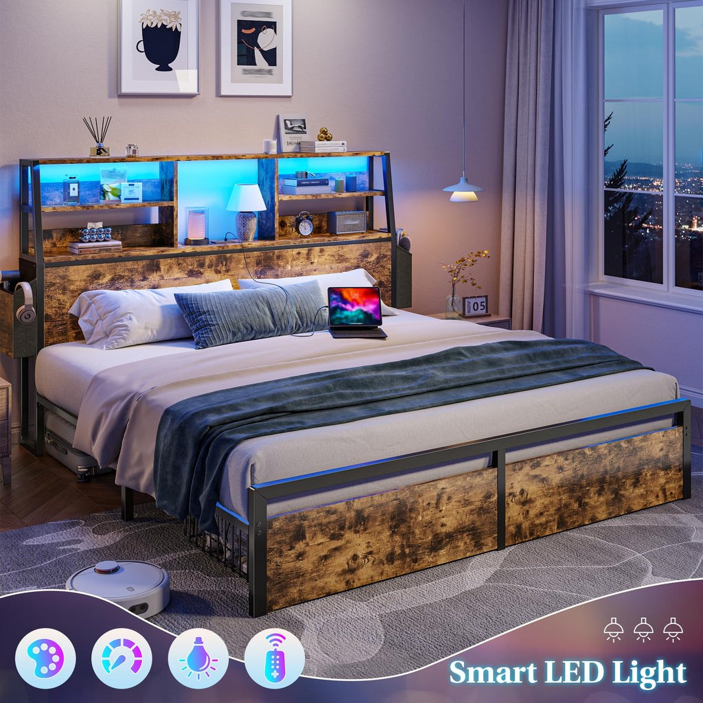 Queen Bed Frame with Storage Headboard and 2 Drawers Q1359