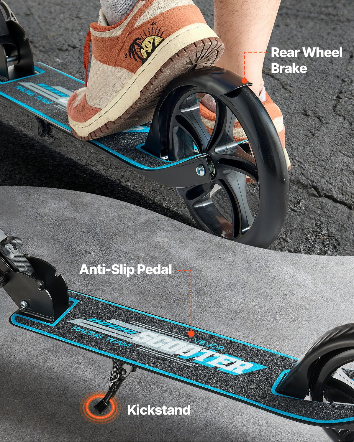 Kick Scooter, 2-Wheel Adjustable Height Folding with Anti-Slip Deck & Light-Up Wheels W201