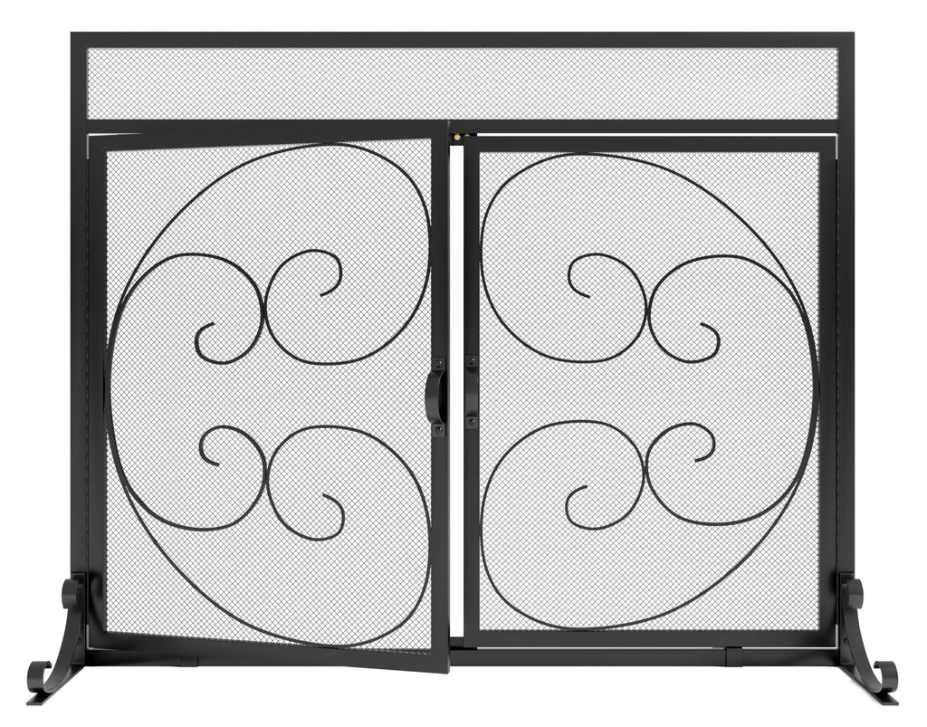 Wrought Iron Fireplace Screen with Magnetic Double Doors Black S929279