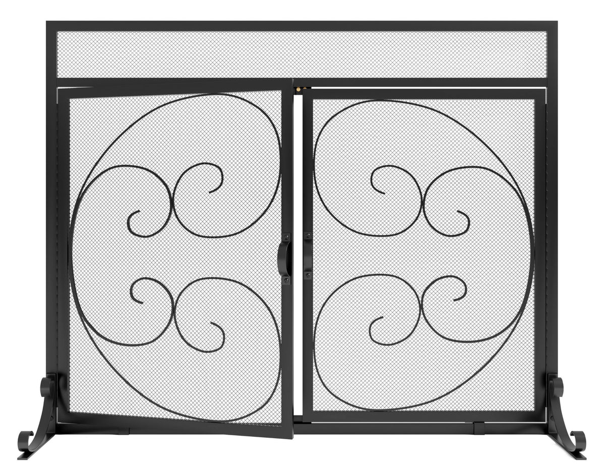 Wrought Iron Fireplace Screen with Magnetic Double Doors Black S929279