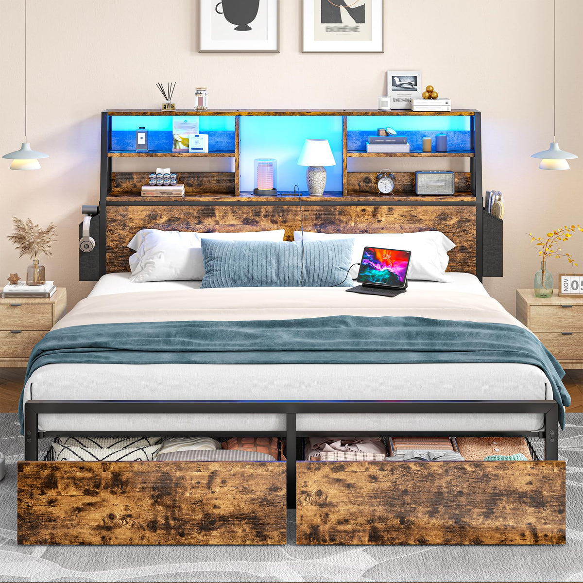 Queen Bed Frame with Storage Headboard and 2 Drawers Q1359