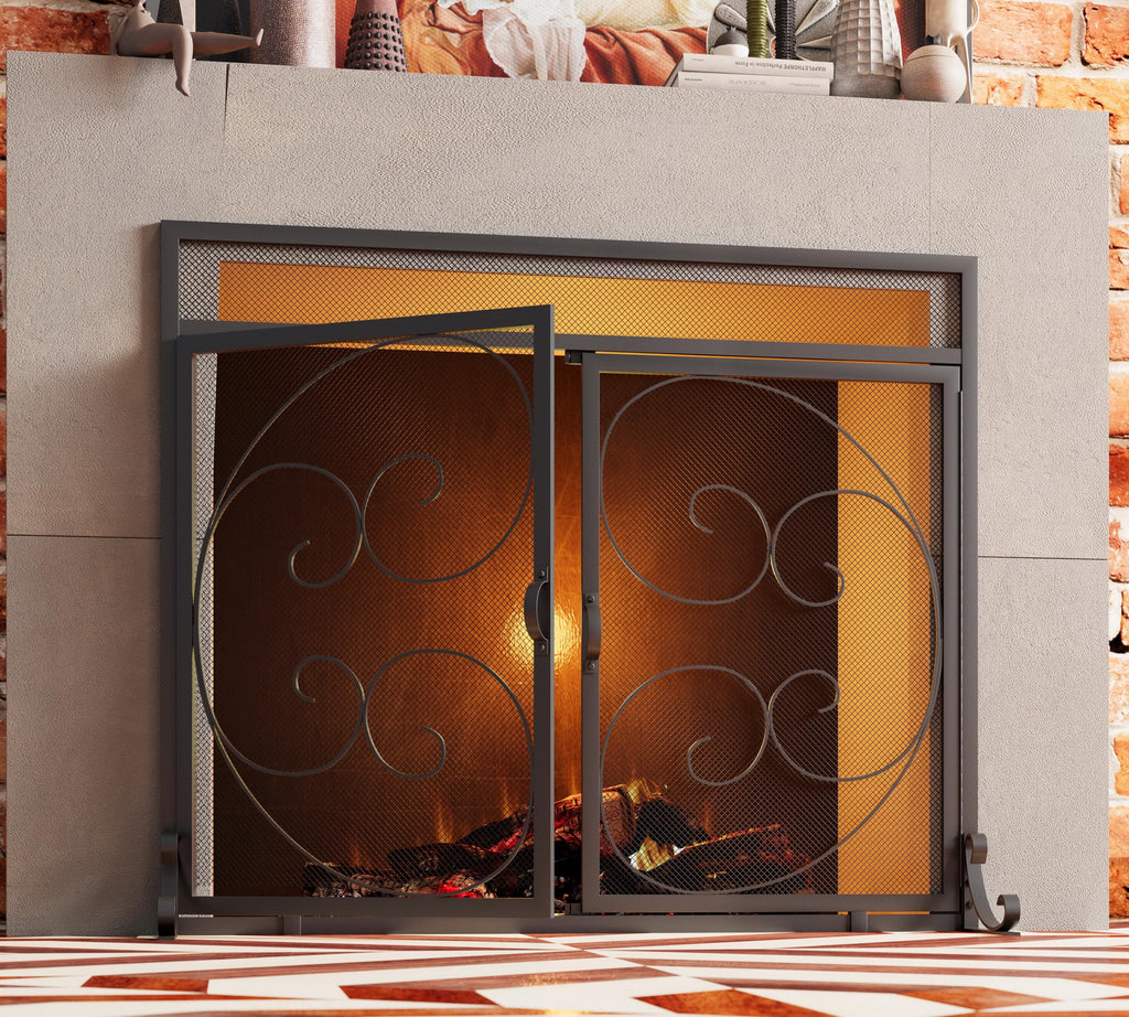 Wrought Iron Fireplace Screen with Magnetic Double Doors Black S929279